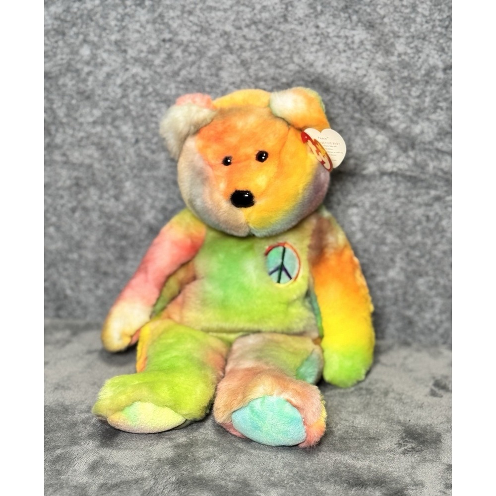 Ty Beanie Buddy "Peace" Ty-Dyed Plush Bear 13" Vivid Colors 1999 w/Tag Retired